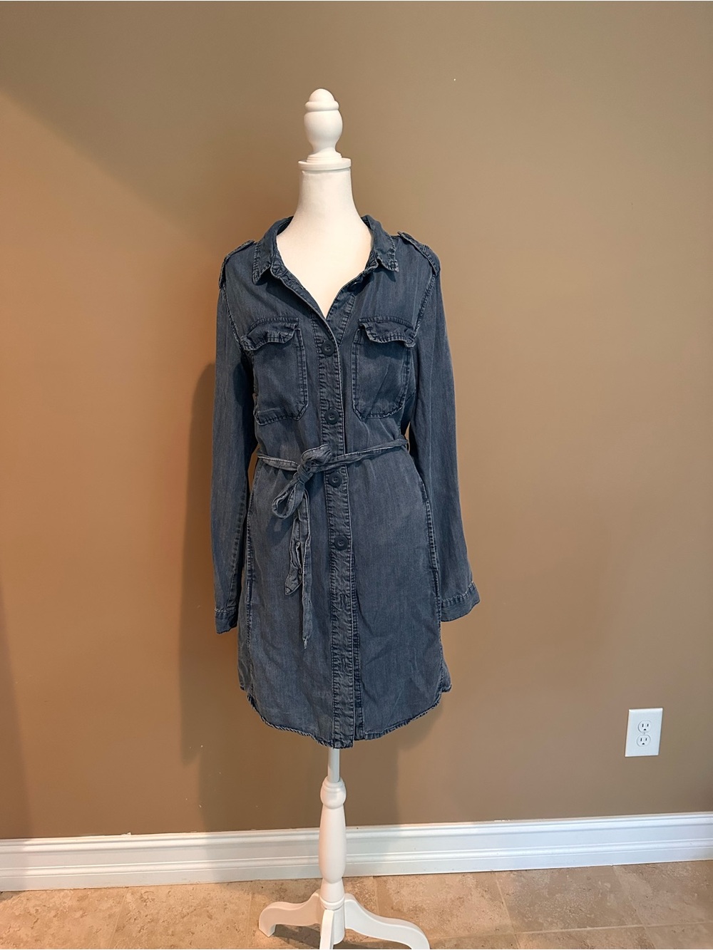 Velvet Heart Denim Shirt Dress with Waist Tie